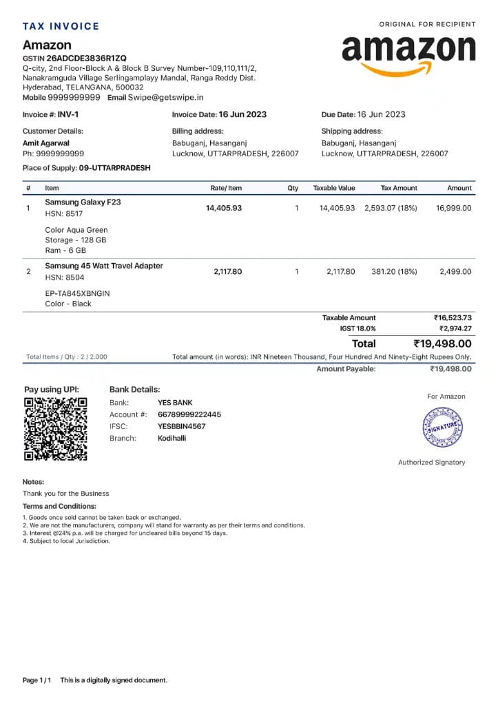Amazon Style GST tax invoice layout