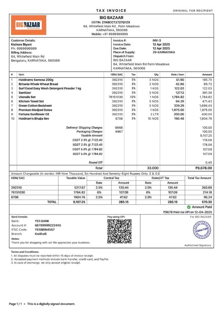 Big Bazaar Style GST tax invoice layout