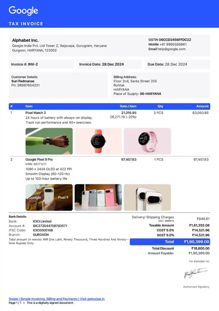 Google Style GST tax invoice layout