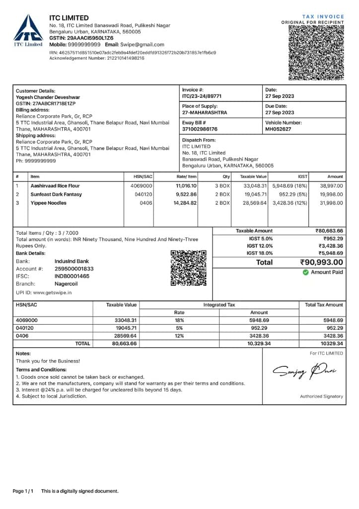 ITC Style GST tax invoice layout