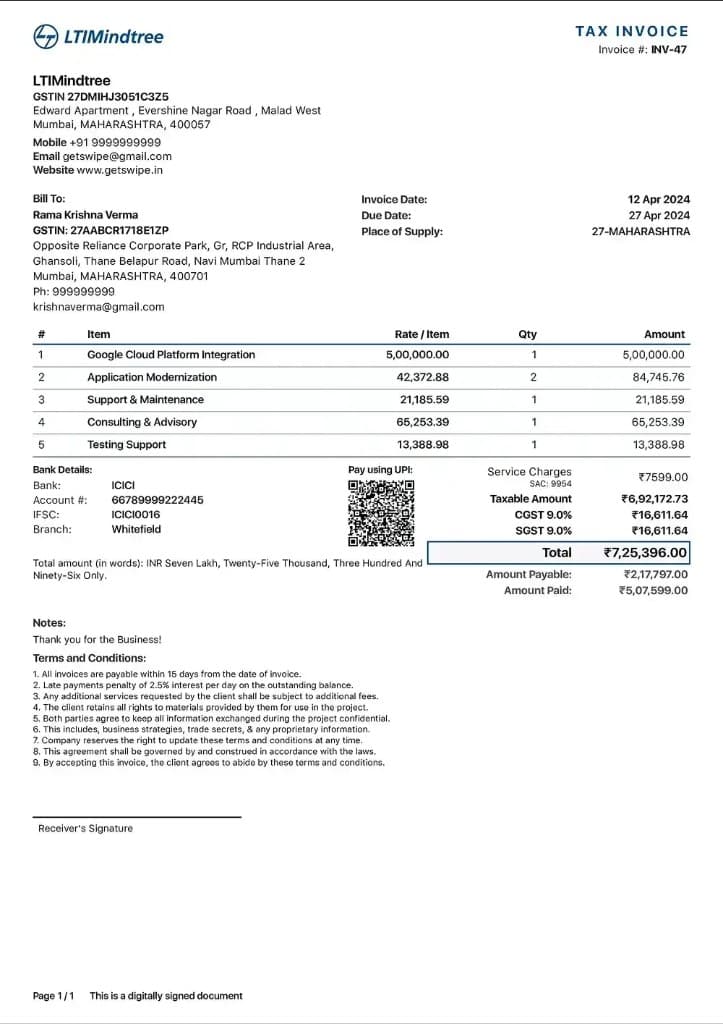 LTIMindtree Style GST tax invoice layout