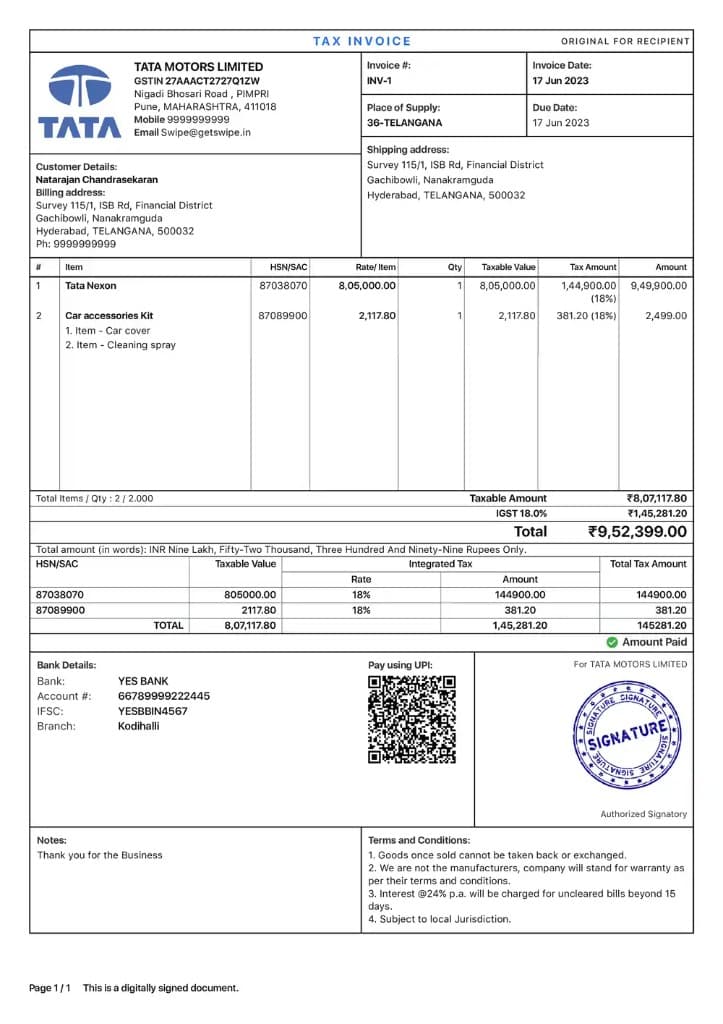 Tata Style GST tax invoice layout