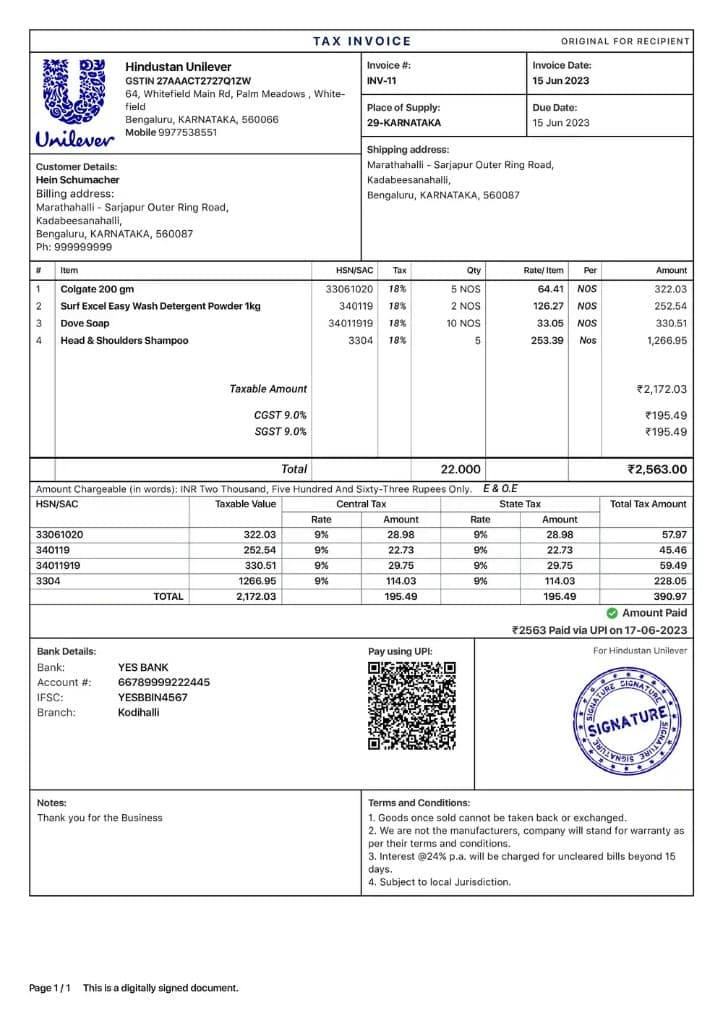 Unilever Style GST tax invoice layout